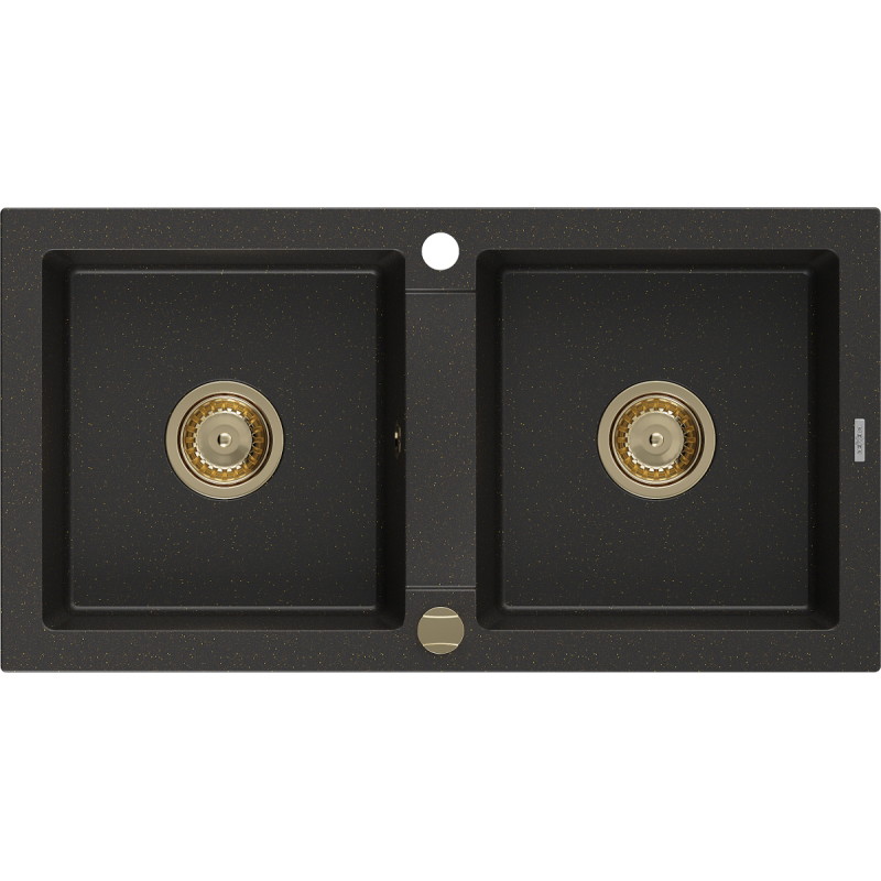 Mexen Mario évier de cuisine en granit à 2 bacs 820 x 436 mm, noir/doré métallisé, siphon doré - 6504822000-75-G