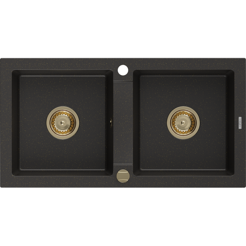 Mexen Mario évier en granit à 2 bacs 820 x 436 mm, noir/or métallisé, siphon doré - 6504822000-75-G