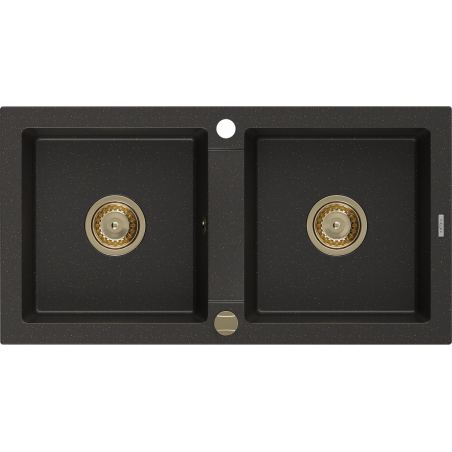 Mexen Mario évier de cuisine en granit à 2 bacs 820 x 436 mm, noir/doré métallique, siphon doré - 6504822000-75-G