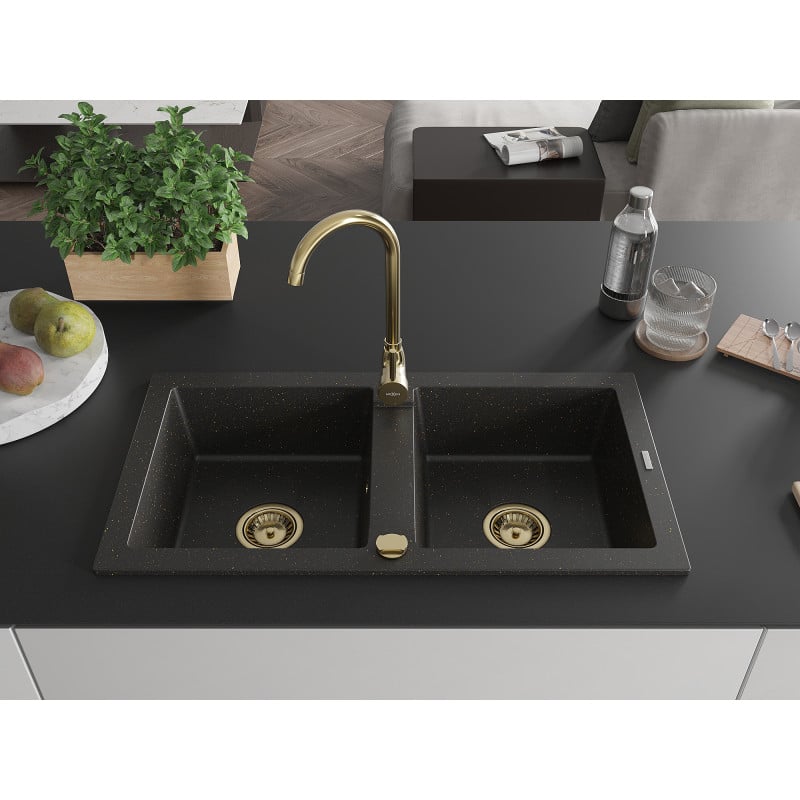 Mexen Mario évier de cuisine en granit à 2 bacs 820 x 436 mm, noir/doré métallique, siphon doré - 6504822000-75-G