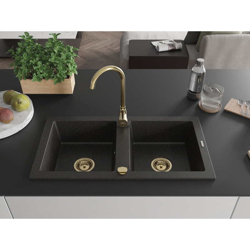 Mexen Mario évier en granit à 2 bacs 820 x 436 mm, noir/or métallisé, siphon doré - 6504822000-75-G