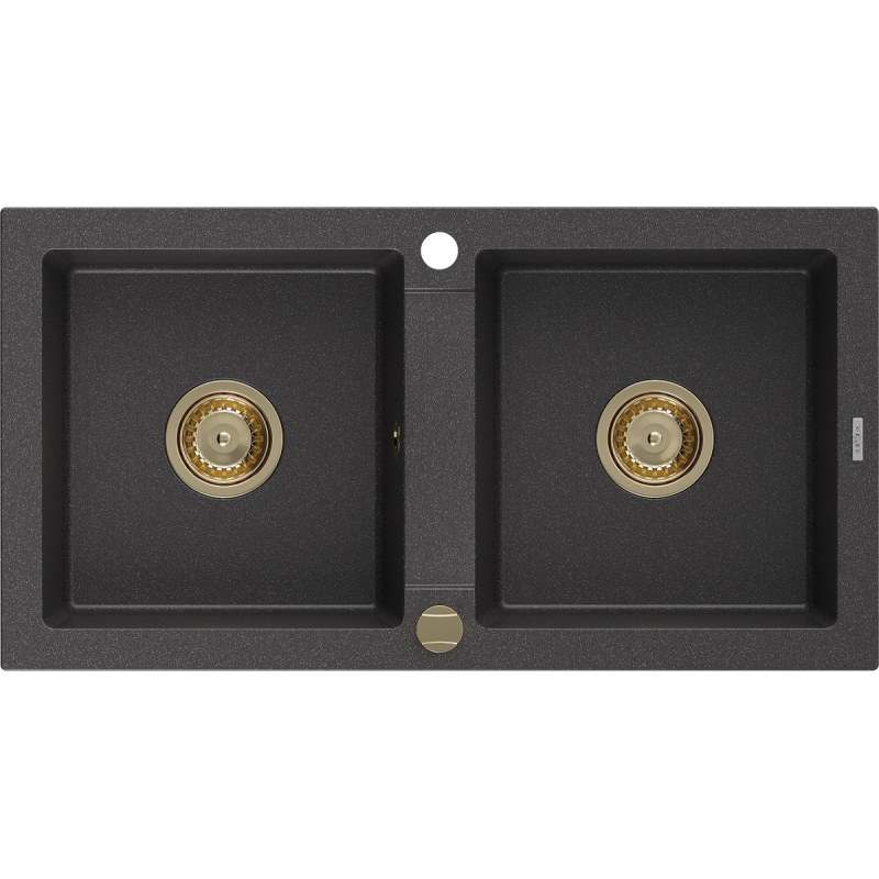 Mexen Mario évier en granit à 2 cuves 820 x 436 mm, Noir moucheté, siphon Or - 6504822000-76-G