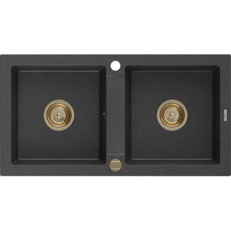 Mexen Mario évier en granit à 2 cuves 820 x 436 mm, Noir moucheté, siphon Or - 6504822000-76-G