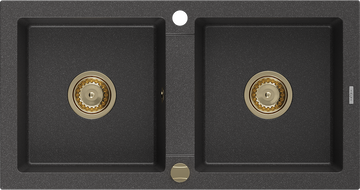 Mexen Mario évier en granit à 2 cuves 820 x 436 mm, Noir moucheté, siphon Or - 6504822000-76-G
