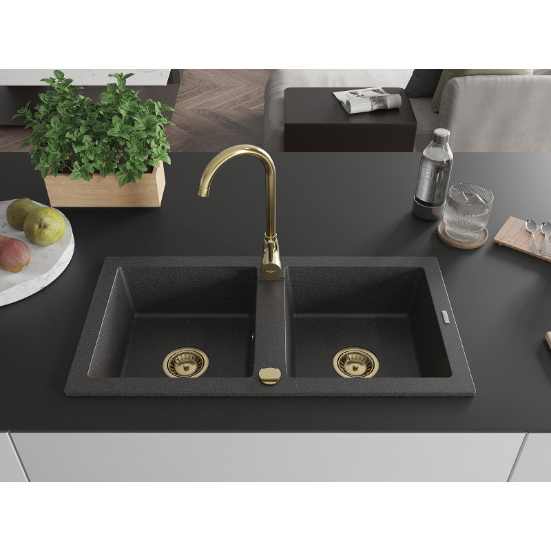 Mexen Mario évier en granit à 2 bacs 820 x 436 mm, noir moucheté, siphon doré - 6504822000-76-G