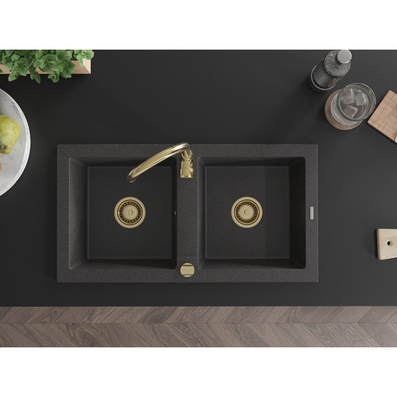 Mexen Mario évier en granit à 2 bacs 820 x 436 mm, noir moucheté, siphon doré - 6504822000-76-G