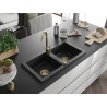 Mexen Mario évier en granit à 2 bacs 820 x 436 mm, noir, siphon doré - 6504822000-77-G