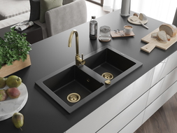 Mexen Mario évier en granit à 2 bacs 820 x 436 mm, noir, siphon doré - 6504822000-77-G