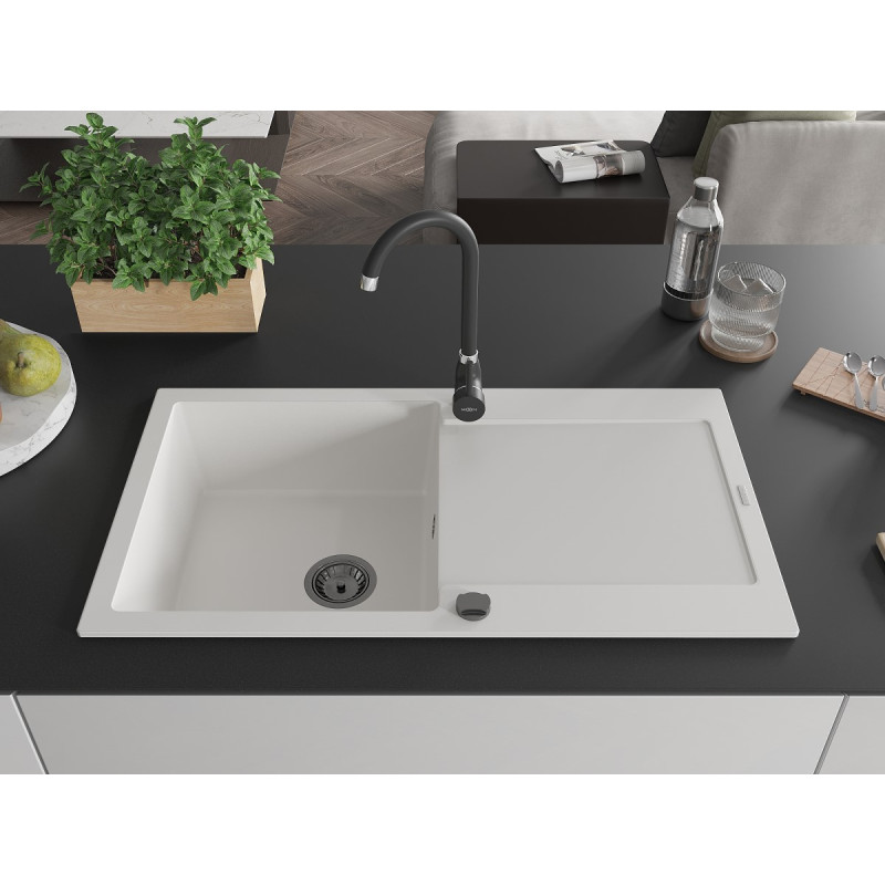 Mexen Leo évier en granit 1 bac avec égouttoir 900 x 500 mm, blanc, siphon noir - 6501901010-20-B