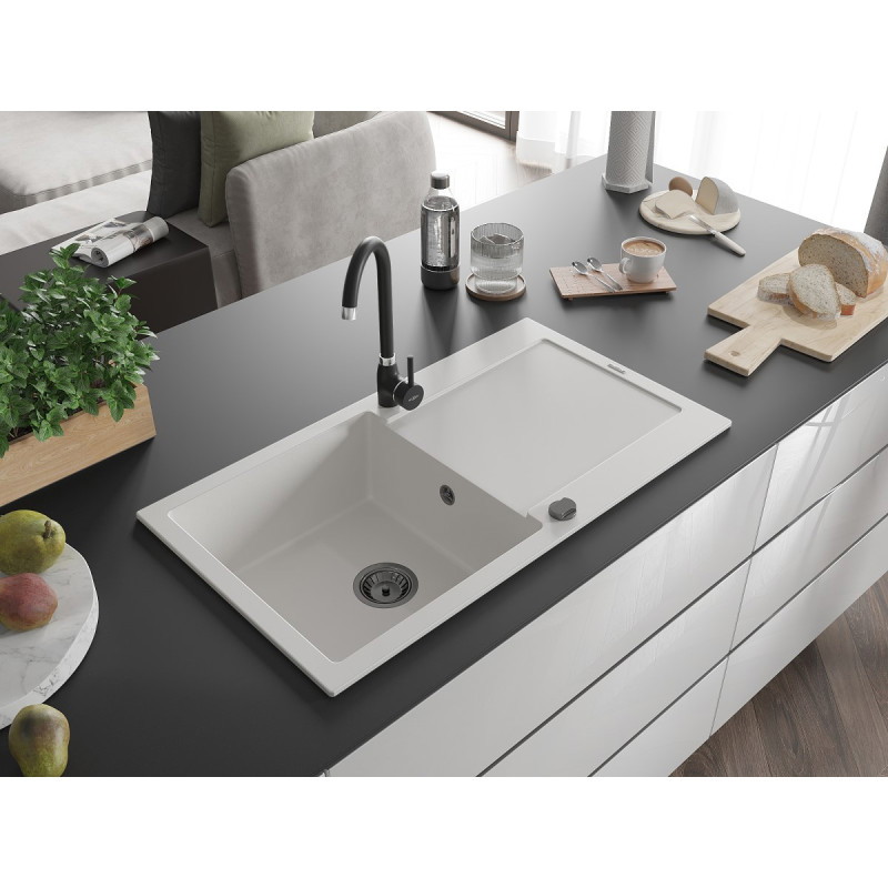 Mexen Leo évier en granit 1 bac avec égouttoir 900 x 500 mm, blanc, siphon noir - 6501901010-20-B