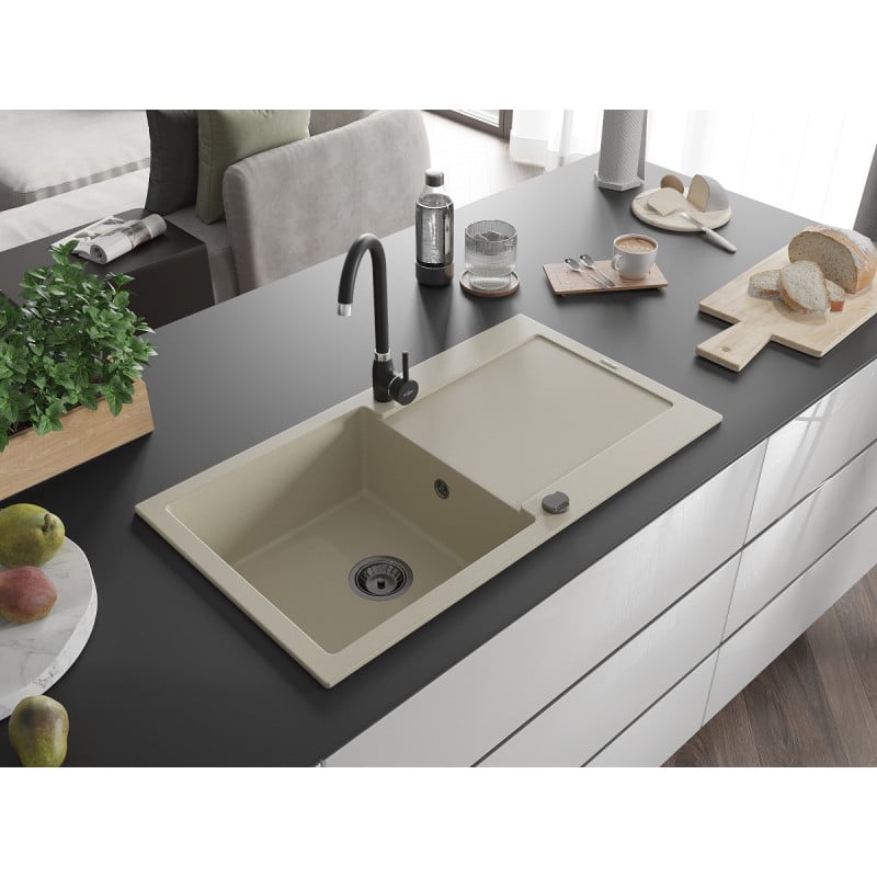 Mexen Leo évier en granit 1 bac avec égouttoir 900 x 500 mm, beige, siphon noir - 6501901010-69-B