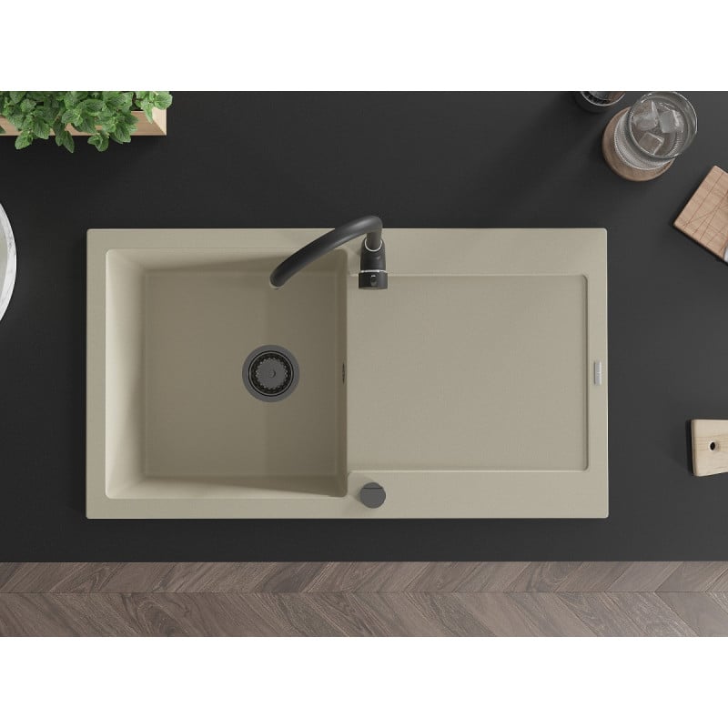 Mexen Leo évier en granit 1 bac avec égouttoir 900 x 500 mm, beige, siphon noir - 6501901010-69-B