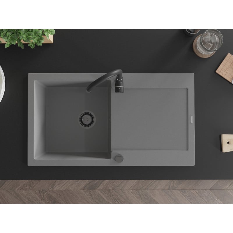 Mexen Leo évier en granit 1 bac avec égouttoir 900 x 500 mm, gris, siphon noir - 6501901010-71-B
