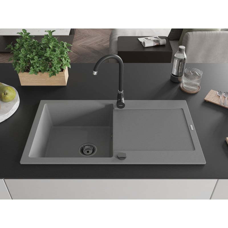 Mexen Leo évier en granit 1 bac avec égouttoir 900 x 500 mm, gris, siphon noir - 6501901010-71-B