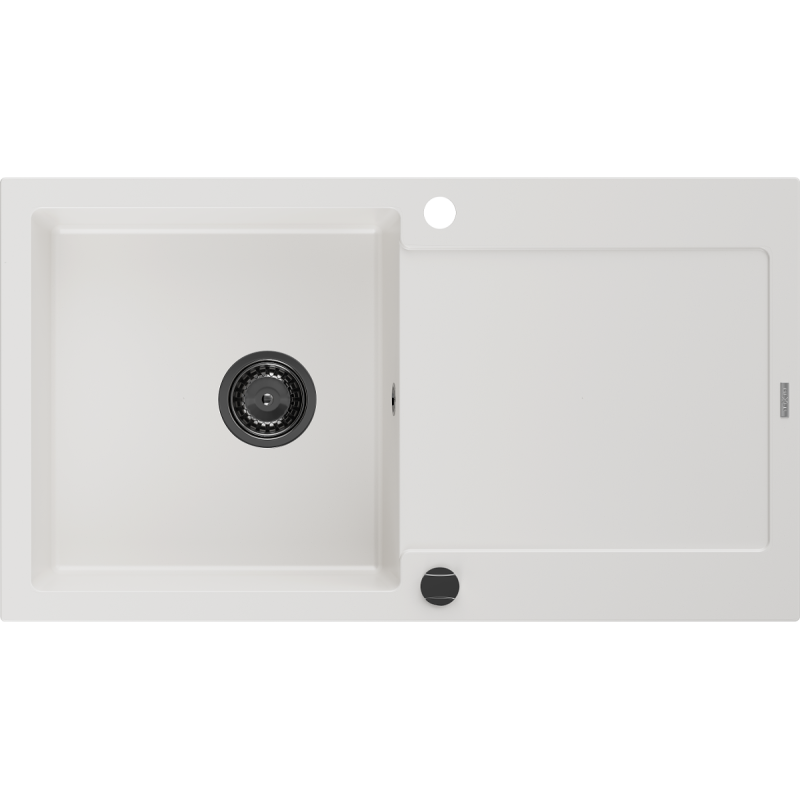 Mexen Leo évier en granit 1 bac avec égouttoir 900 x 500 mm, blanc, siphon noir - 6501901010-20-B