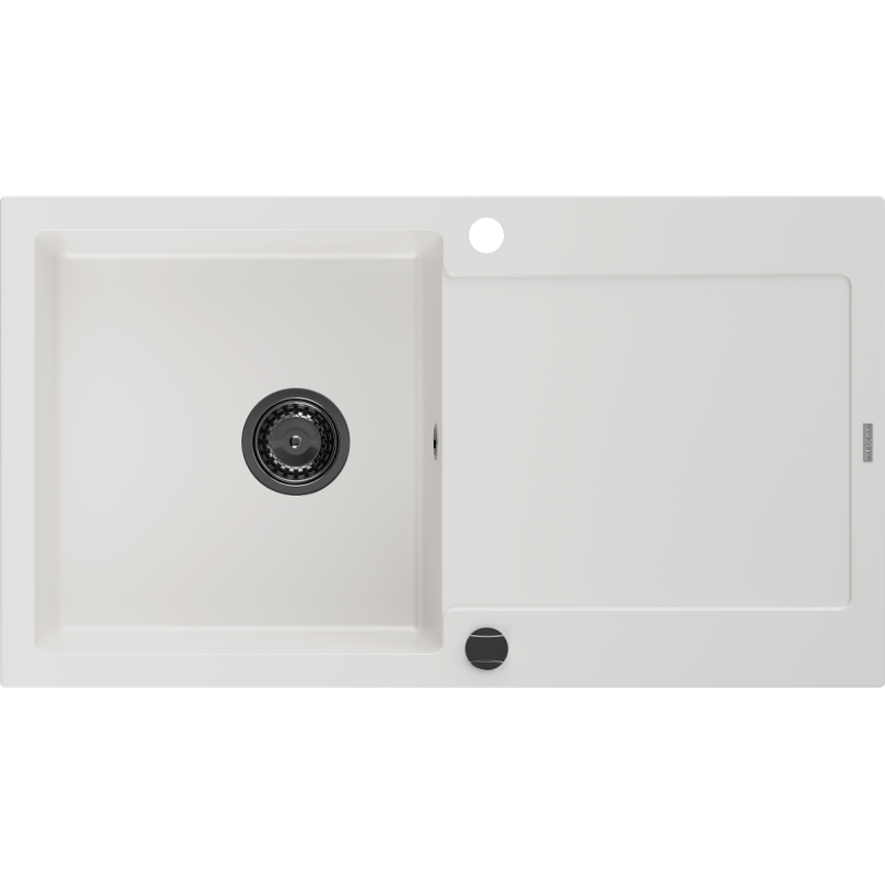 Mexen Leo évier en granit à 1 bac avec égouttoir 900 x 500 mm, blanc, siphon noir - 6501901010-20-B
