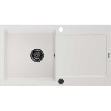 Mexen Leo évier en granit 1 bac avec égouttoir 900 x 500 mm, blanc, siphon noir - 6501901010-20-B