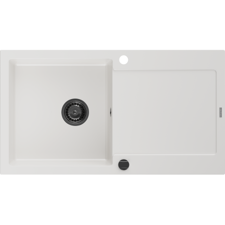 Mexen Leo évier en granit à 1 bac avec égouttoir 900 x 500 mm, blanc, siphon noir - 6501901010-20-B