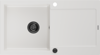Mexen Leo évier en granit à 1 bac avec égouttoir 900 x 500 mm, blanc, siphon noir - 6501901010-20-B