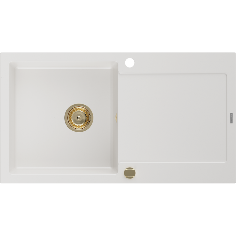 Mexen Leo évier en granit à 1 bac avec égouttoir 900 x 500 mm, blanc, siphon doré - 6501901010-20-G