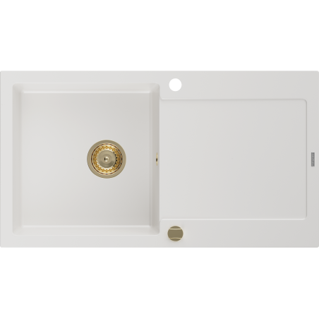 Mexen Leo évier en granit à 1 cuve avec égouttoir 900 x 500 mm, Blanc, siphon Or - 6501901010-20-G