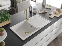 Mexen Leo évier en granit à 1 bac avec égouttoir 900 x 500 mm, blanc, siphon doré - 6501901010-20-G