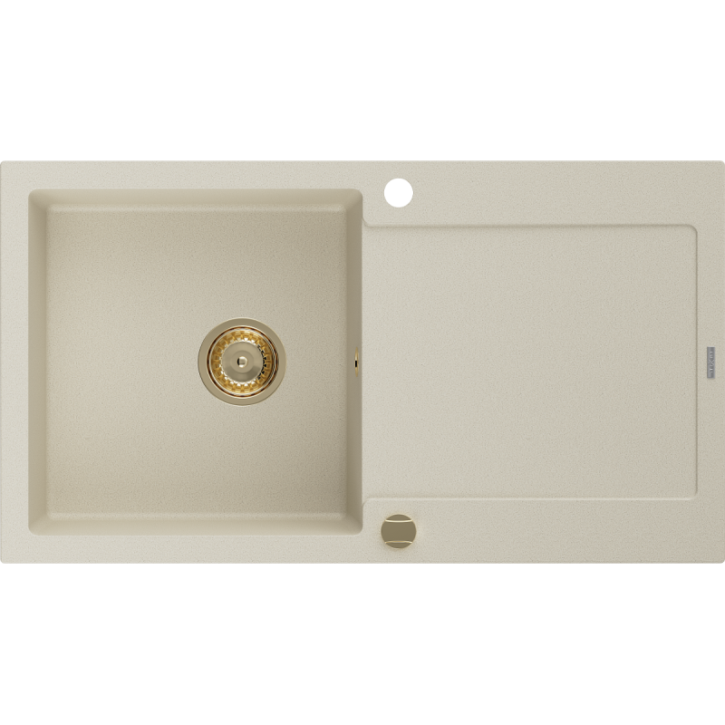 Mexen Leo évier en granit à 1 bac avec égouttoir 900 x 500 mm, beige, siphon doré - 6501901010-69-G