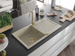 Mexen Leo évier en granit à 1 cuve avec égouttoir 900 x 500 mm, Beige, siphon Or - 6501901010-69-G