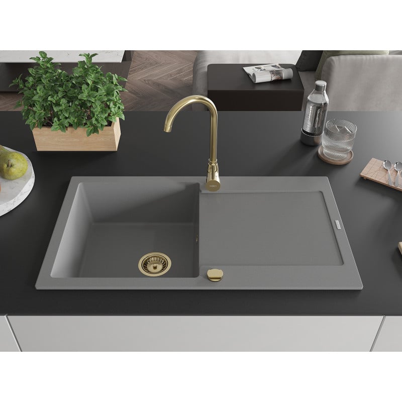 Mexen Leo évier de cuisine en granit 1 bac avec égouttoir 900 x 500 mm, gris, siphon doré - 6501901010-71-G