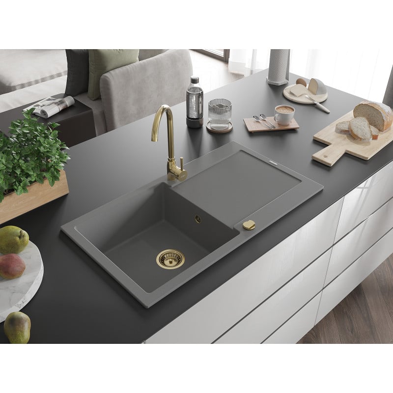 Mexen Leo évier de cuisine en granit 1 bac avec égouttoir 900 x 500 mm, gris, siphon doré - 6501901010-71-G