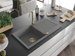 Mexen Leo évier en granit 1 bac avec égouttoir 900 x 500 mm, gris, siphon doré - 6501901010-71-G