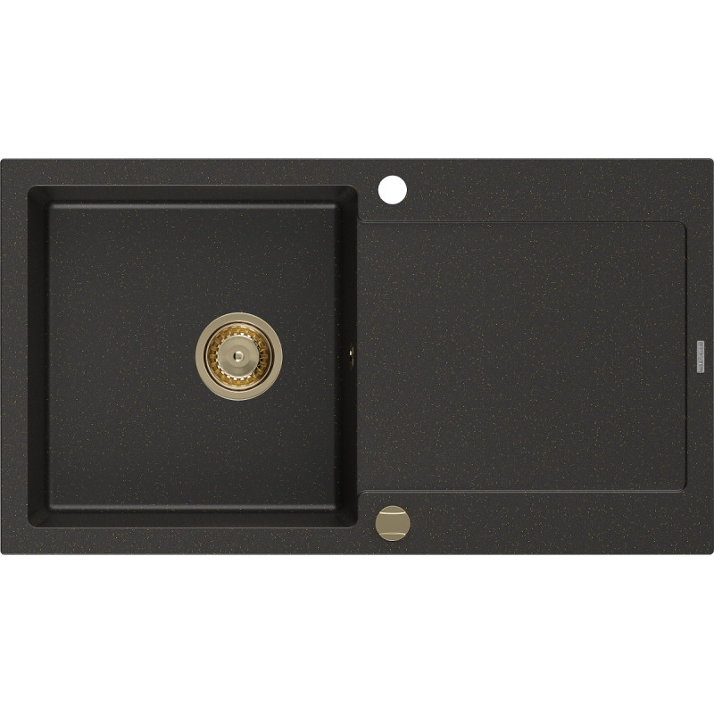 Mexen Leo évier en granit à 1 bac avec égouttoir 900 x 500 mm, noir/or métallisé, siphon doré - 6501901010-75-G