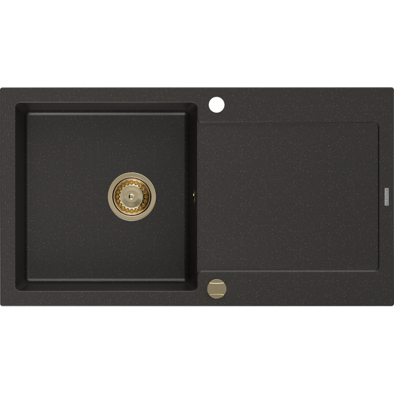 Mexen Leo évier en granit à 1 cuve avec égouttoir 900 x 500 mm, Noir/Or métallique, siphon Or - 6501901010-75-G