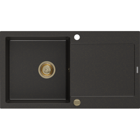 Mexen Leo évier en granit à 1 cuve avec égouttoir 900 x 500 mm, Noir/Or métallique, siphon Or - 6501901010-75-G