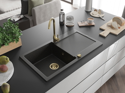 Mexen Leo évier en granit à 1 cuve avec égouttoir 900 x 500 mm, Noir/Or métallique, siphon Or - 6501901010-75-G