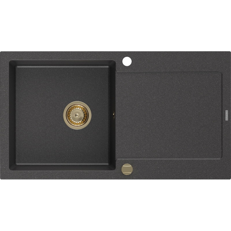 Mexen Leo évier de cuisine en granit 1 bac avec égouttoir 900 x 500 mm, noir moucheté, siphon doré - 6501901010-76-G