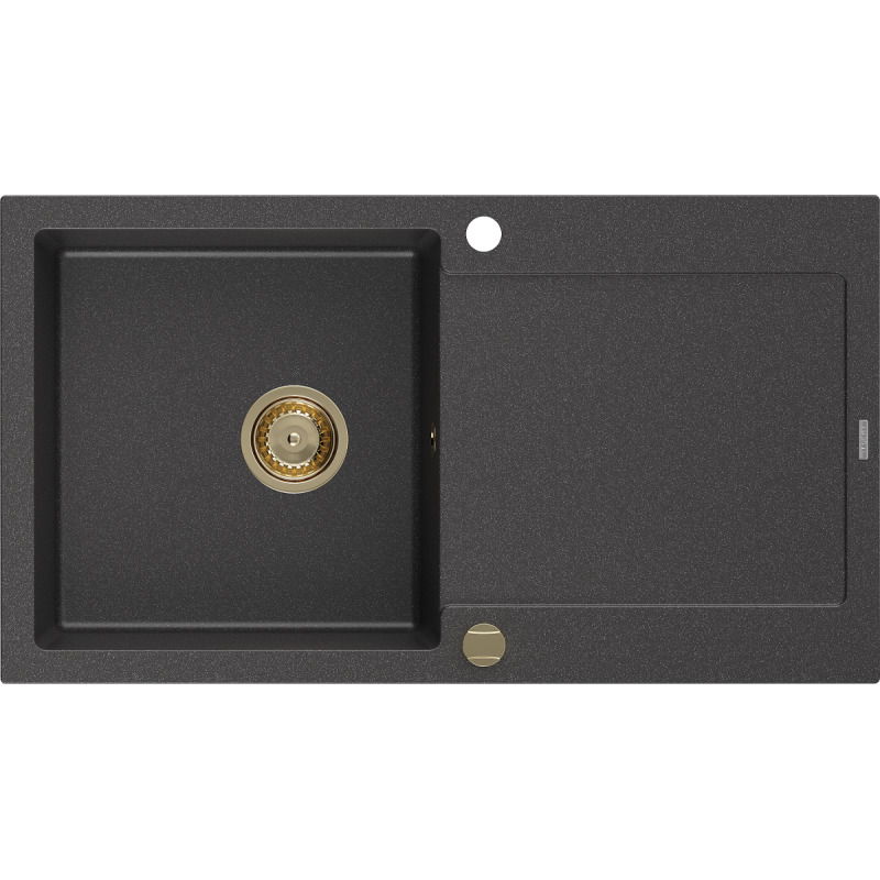 Mexen Leo évier en granit 1 bac avec égouttoir 900 x 500 mm, noir moucheté, siphon doré - 6501901010-76-G
