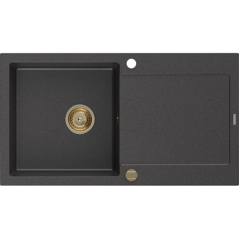 Mexen Leo évier en granit à 1 cuve avec égouttoir 900 x 500 mm, Noir moucheté, siphon Or - 6501901010-76-G