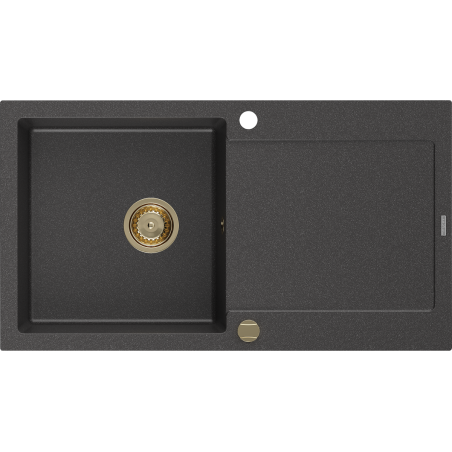 Mexen Leo évier en granit à 1 bac avec égouttoir 900 x 500 mm, noir moucheté, siphon doré - 6501901010-76-G