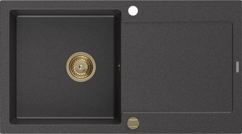 Mexen Leo évier en granit 1 bac avec égouttoir 900 x 500 mm, noir moucheté, siphon doré - 6501901010-76-G