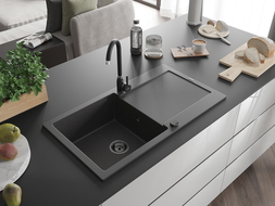 Mexen Leo évier en granit à 1 cuve avec égouttoir 900 x 500 mm, Noir moucheté, siphon Noir - 6501901010-76-B