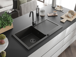 Mexen Leo évier en granit à 1 cuve avec égouttoir 900 x 500 mm, Noir/Or métallique, siphon Noir - 6501901010-75-B