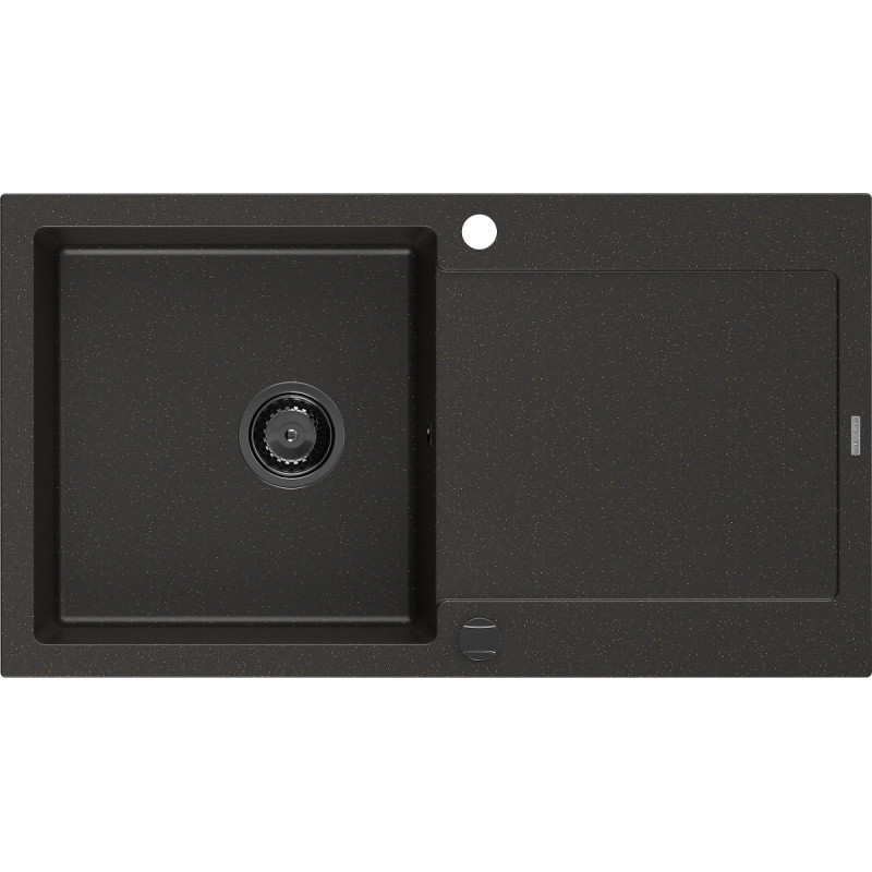 Mexen Leo évier en granit 1 bac avec égouttoir 900 x 500 mm, noir/métallisé doré, siphon noir - 6501901010-75-B
