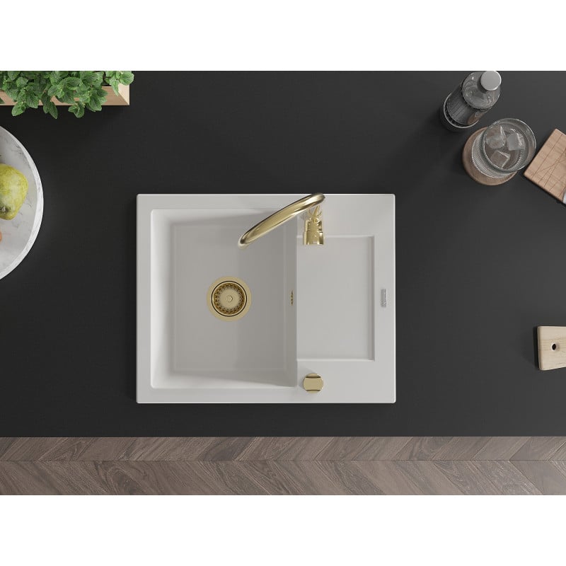 Mexen Enzo évier en granit 1 bac avec égouttoir 576 x 465 mm, blanc, siphon doré - 6506571005-20-G