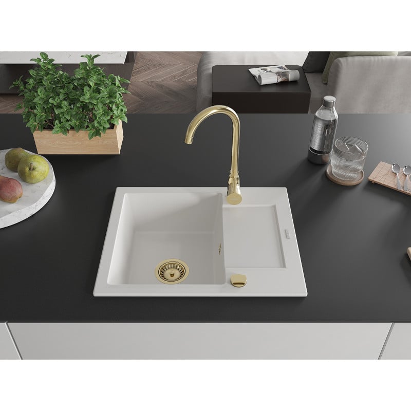 Mexen Enzo évier en granit 1 bac avec égouttoir 576 x 465 mm, blanc, siphon doré - 6506571005-20-G