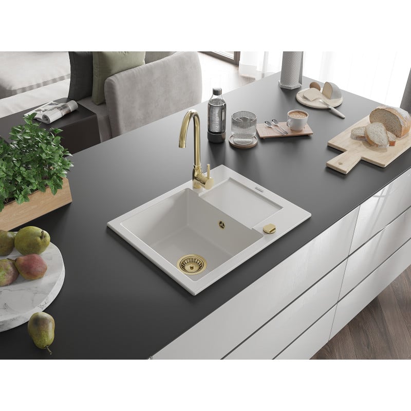 Mexen Enzo évier en granit 1 bac avec égouttoir 576 x 465 mm, blanc, siphon doré - 6506571005-20-G