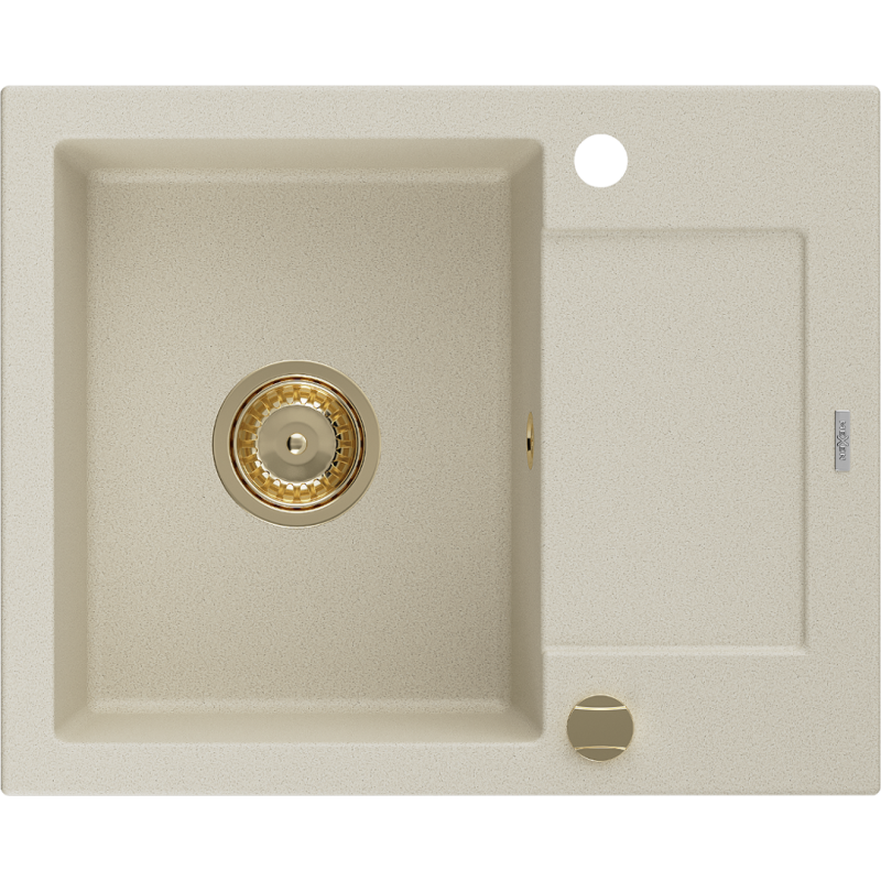 Mexen Enzo évier en granit 1 bac avec égouttoir 576 x 465 mm, beige, siphon doré - 6506571005-69-G