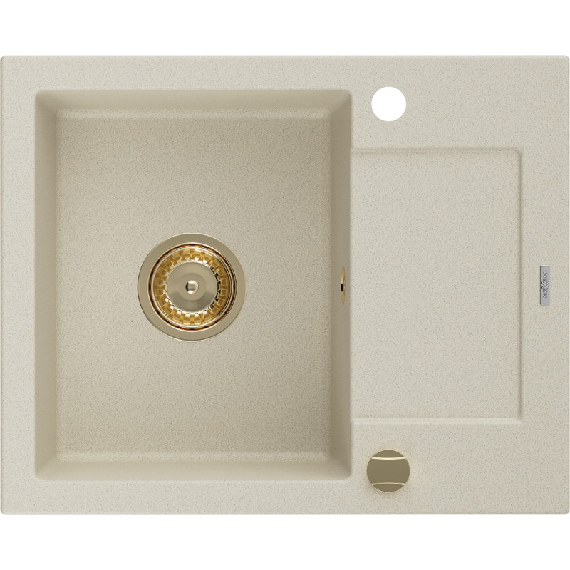 Mexen Enzo évier en granit à 1 bac avec égouttoir 576 x 465 mm, beige, siphon doré - 6506571005-69-G