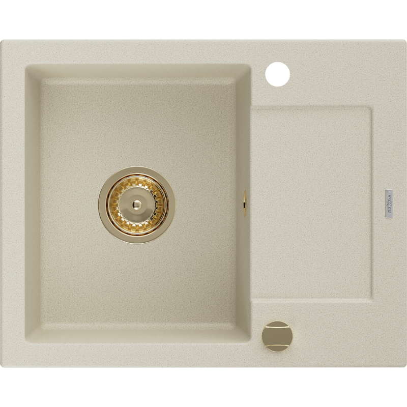Mexen Enzo évier en granit à 1 cuve avec égouttoir 576 x 465 mm, Beige, siphon Or - 6506571005-69-G