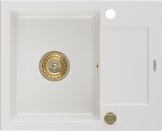 Mexen Enzo évier de cuisine en granit 1 bac avec égouttoir 576 x 465 mm, blanc, siphon doré - 6506571005-20-G